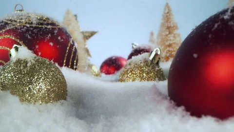 Super slow motion of falling snow with christmas glass balls Stock Footage 218586454