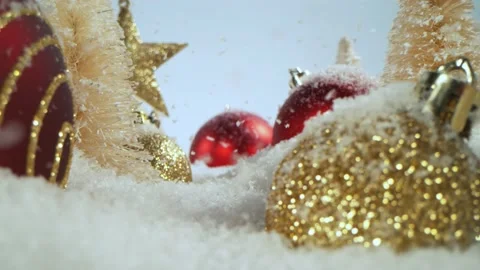Super slow motion of falling snow with christmas glass balls Stock Footage 218586536