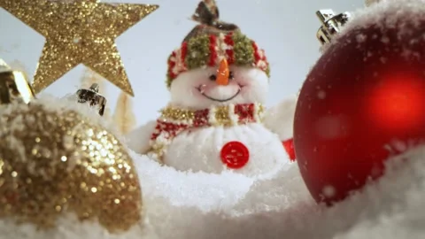 Super slow motion of falling snow with christmas glass balls Stock Footage 218586552