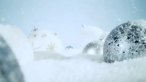 Super slow motion of falling snow with christmas glass balls Stock Footage 218587816