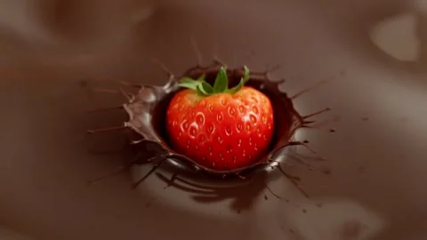 Super Slow Motion of Falling Strawberry into Melted Chocolate. Stock Footage 309099048