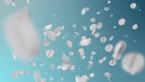 Super slow motion of falling white pills on blue background. Filmed on high Stock Footage 149435070