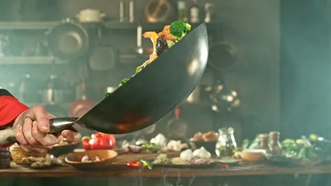 Super Slow Motion of Flying Asian Noodles with Vegetable and Prawns Stock Footage 286996953