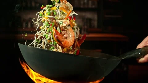 Super Slow Motion of Flying Asian Meal with Meat and Vegetable. Stock Footage 319376468