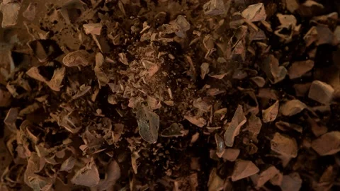 Super slow motion of flying group of raw chocolate pieces with cocoa powder Stock Footage 136366576