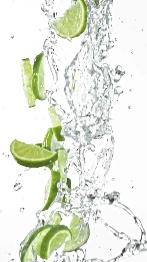 Super Slow Motion of Flying Lime Slices in Water Splashes, White Background Stock Footage 303372439