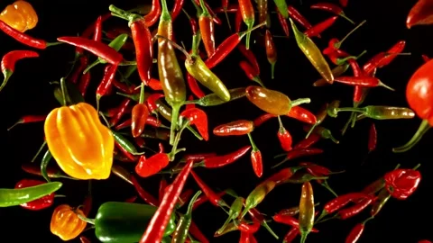 Super slow motion of flying red hot chilli peppers isolated on black background. Stock Footage 312650057