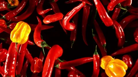 Super slow motion of flying red hot chilli peppers isolated on black background. Stock Footage 312650852