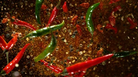 Super slow motion of flying spices mix with chilli peppers. Stock-Footage 120148848