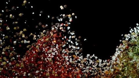 Super slow motion of flying spices mix Stock Footage 120511430