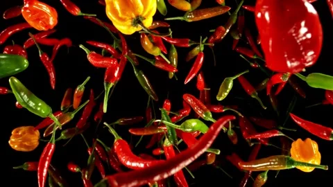 Super slow motion of flying various kinds of chilli peppers. Stock Footage 282439691