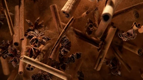 Super slow motion of flying whole cinnamon bark spice. Stock Footage 120144515