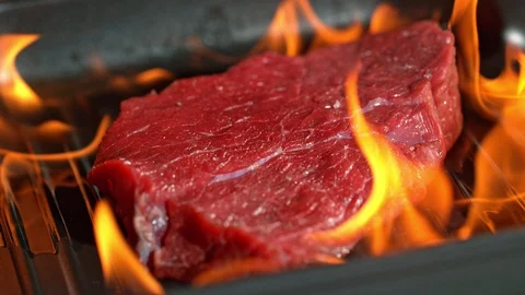 Super Slow Motion Footage of Throwing Fresh Beef Meat on Ignited Pan at 1000fps. Stock Footage 106751320