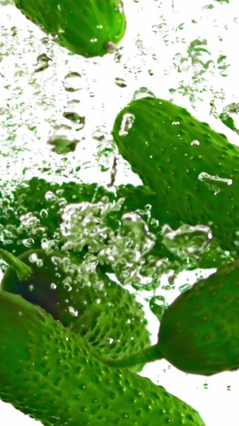 Super slow motion fresh cucumbers underwater with air bubbles. Filmed on a high Stock Footage 335288621