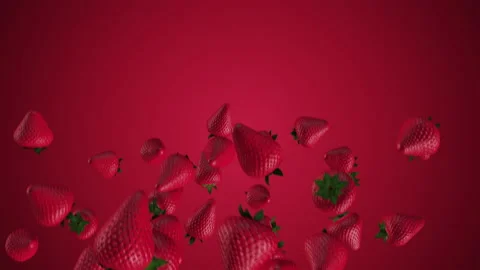 SUPER SLOW MOTION of fresh strawberries falling on a red background. The berry t Stock Footage 155893276