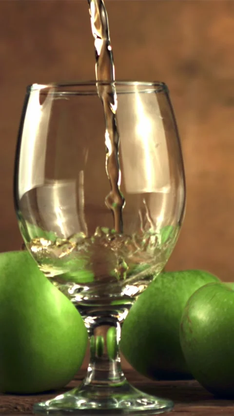 Super slow motion in the glass on the table pours a jet of apple juice. Filmed Stock Footage 335283773