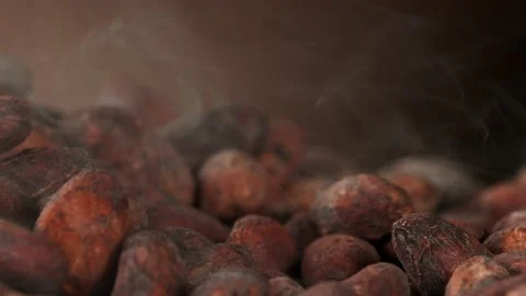 Super slow motion of group of roasted cocoa beans pieces with fire Vidéo 152461928