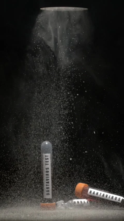 Super slow motion hantavirus test tubes under spotlight with falling particles a Video stock 335109269