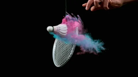 Super slow motion of hitting badminton rocket with powder explosion. Stock Footage 196874178