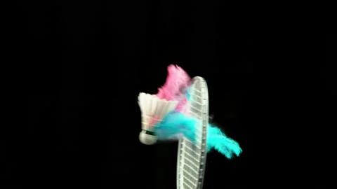 Super slow motion of hitting badminton rocket with powder explosion. Stock Footage 220428891
