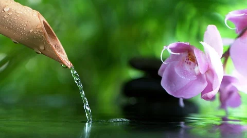 Super slow motion of leaking water stream from bamboo, spa and wellness concept. Stock Footage 123617820