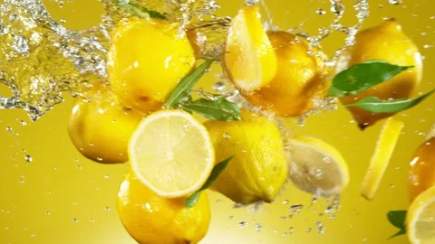 Super slow motion of lemon hitting in the air with water splashes. Stock Footage 136784495