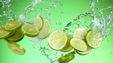 Super slow motion of lime pieces collision with water splashes, green background Stock Footage 132508826