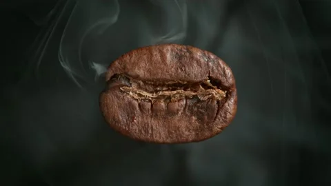 Super Slow Motion Macro Shot of Roasting Fresh Coffee Bean with Smoke Effect at Stock Footage 221651840
