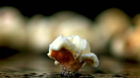 The super slow motion of the popcorn grain explodes. Filmed on a high-speed Stock Footage 154507348
