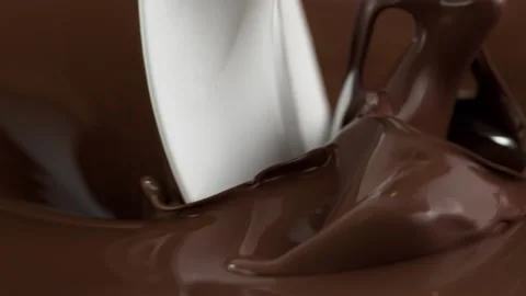 Super slow motion of pouring hot chocolate and milk splashes in detail Stock Footage 140912856