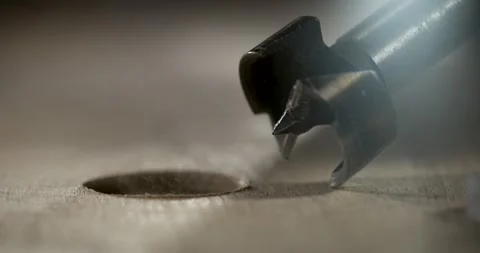 Super Slow Motion Precision Drill Bit Piercing Hardwood, Carpentry Focus Stock Footage 335848550