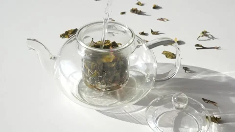 Super Slow Motion of Process of Brewing Tea in Transparent Glass Teapot Stock Footage 161822015
