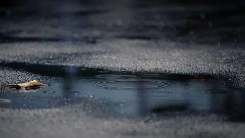 Super slow motion rain falling into puddle (anamorphic lens, shot on Phantom) Stock Footage 90360274