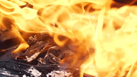 Super slow motion of real burning fire flame, close-up night bonfire, fireplace Stock Footage 191354950
