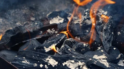 Super slow motion of real burning fire flame, close-up night bonfire, fireplace Stockbeeldmateriaal 194407732