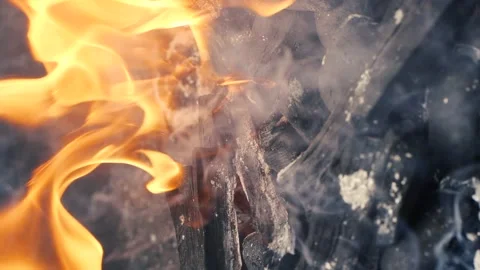 Super slow motion of real burning fire flame, close-up night bonfire, fireplace Stock Footage 196966391