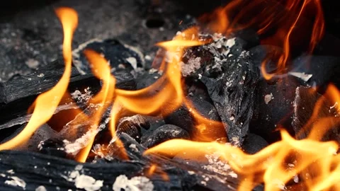 Super slow motion of real burning fire flame, close-up night bonfire, fireplace Vídeo Stock 197451610