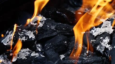 Super slow motion of real burning fire flame, close-up night bonfire, fireplace Stock Footage 201647888