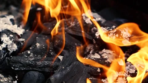 Super slow motion of real burning fire flame, close-up night bonfire, fireplace 動画素材 203119122
