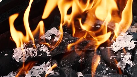 Super slow motion of real burning fire flame, close-up night bonfire, fireplace Stock Footage 231278601