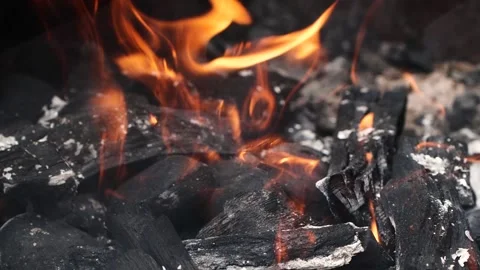 Super slow motion of real burning fire flame, close-up night bonfire, fireplace Stock Footage 234161683