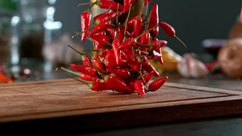 Super slow motion of rolling chilli peppers on wooden board. Stock Footage 166963466