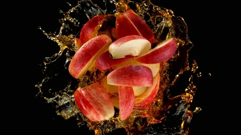 Super slow motion of rotating apples with splash juice, black background. Stock Footage 171184676