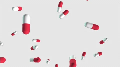 Super slow motion shooting of flying red and white tablets. Floating in zero gra Stock Footage 147477211