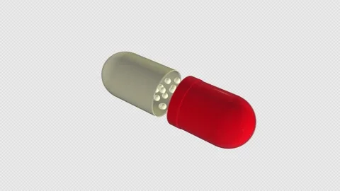 Super slow motion shooting of flying red and white tablets. Floating in zero gra Video stock 147478088