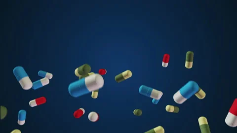 Super slow-motion shooting of multi-colored tablets, tossed up. Loop. Medicines, Stock Footage 156441185