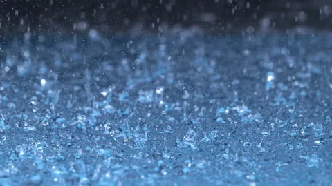 Super Slow Motion Shot of Droplets Raining on Blue Water Surface at 1000 fps. Stock Footage 166123078