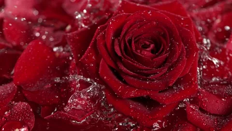 Super slow motion shot of falling and splashing red rose bloom into water at Video stock 175181656