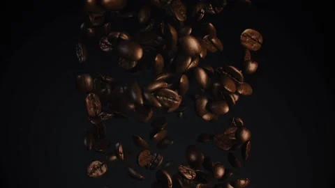Super Slow Motion Shot of Falling Roasted Coffee Beans into Ground Coffee on Stock Footage 230100411