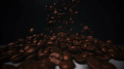 Super Slow Motion Shot of Falling Roasted Coffee Beans into Ground Coffee on Stock Footage 230100499